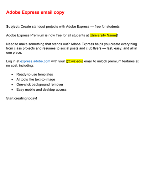 Adobe Express email copy