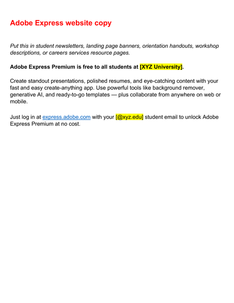 Adobe Express website copy