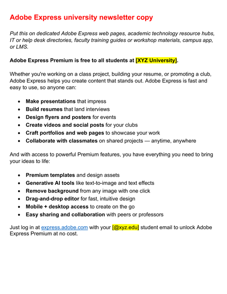 Adobe Express newsletter copy