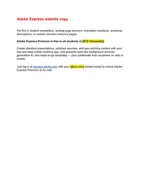 Adobe Express website copy