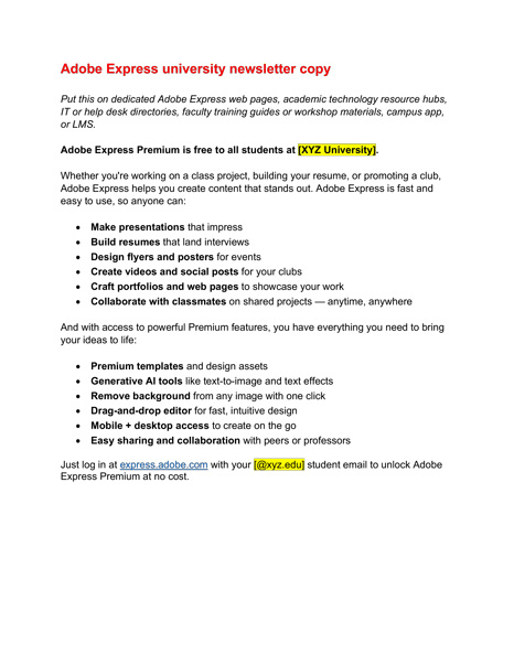 Adobe Express newsletter copy